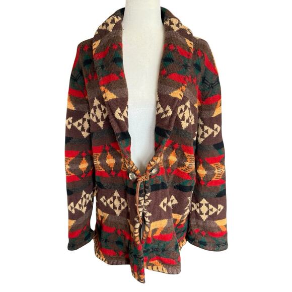 Vtg Ralph Lauren Hand Knit Aztec Southwestern Long Cardigan Concho Lambswool L - Picture 1 of 10